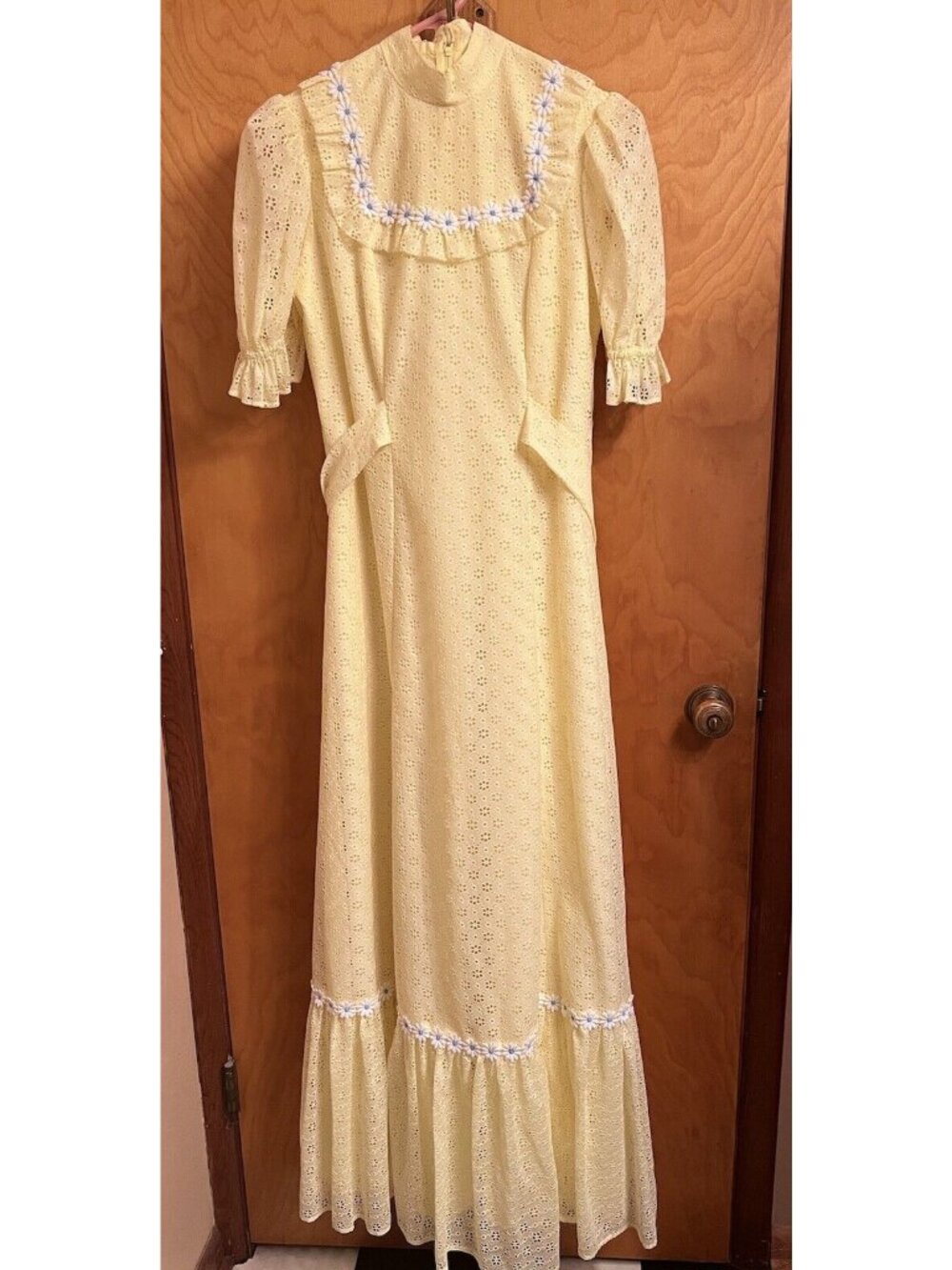 Vtg Handcrafted 60s 70s Yellow Lace Prairie Dress Cottage Core Boho Maxi Dress